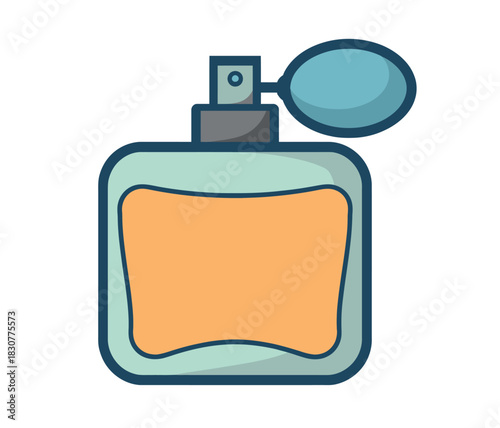 A modern cartoon illustration depicts a square bottle of perfume with a teal bulb atomizer and amber liquid inside, set against a white background.