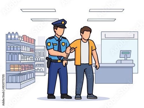 Police Officer Arresting a Suspect in a Supermarket.