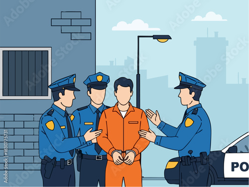 Arrested Suspect Escorted by Police Officers in City.