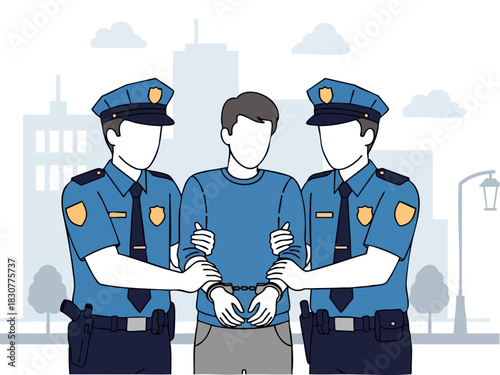 Arrest Scene - Two Police Officers Cuffing a Suspect.