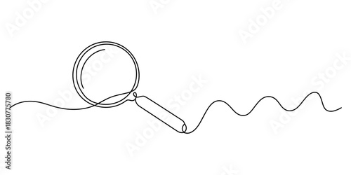 One line drawing of a magnifying glass connected to a continuous wavy path, symbolizing search, discovery, and detailed analysis. Vector, illustration