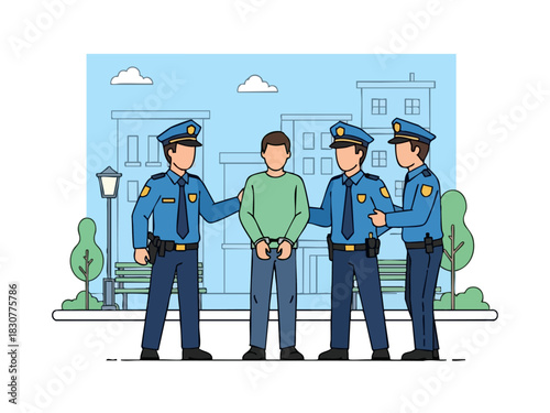 Arrest Scene - Police Officers Detaining a Suspect in Public.