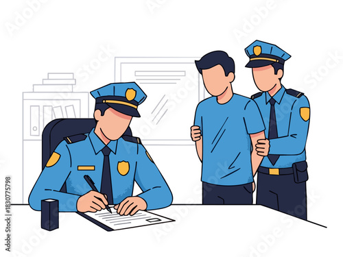 Police Arresting Suspect and Filling Out Paperwork Illustration.