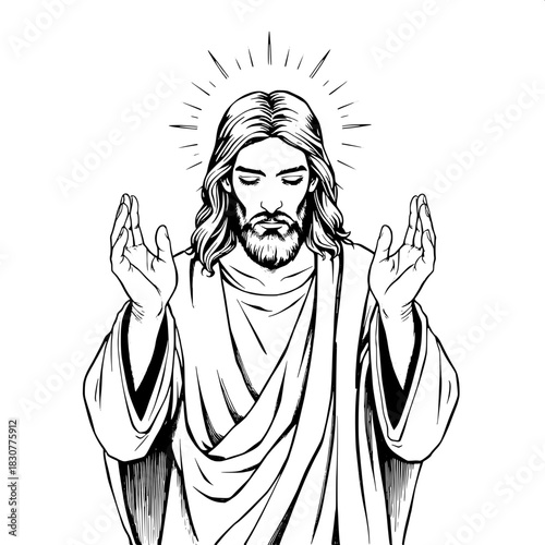 Religious monochrome illustration of Jesus standing with palms up, halo shining brightly around his head, robe folds drawn with bold expressive lines and subtle shading, on a pristine clean white canv