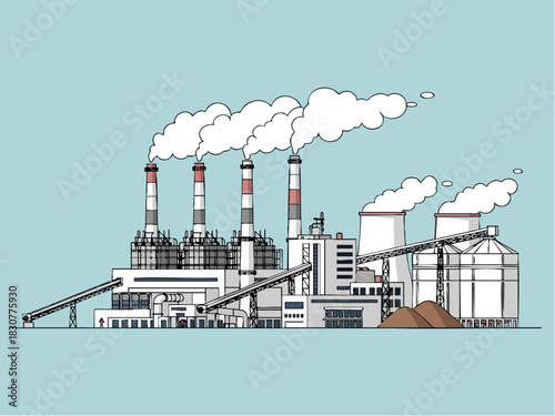 Illustration of a coal-fired power plant with smoke stacks.
