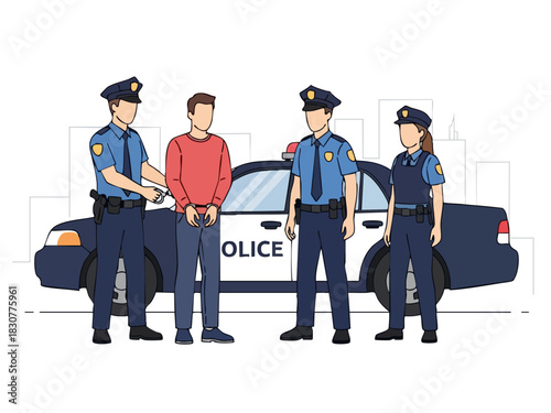 Police Arresting a Suspect in Front of Police Car.