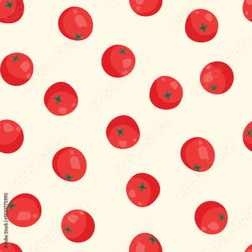 Hand drawn tomato pattern , red cherry on light background. Vector illustration with spring vegetables.