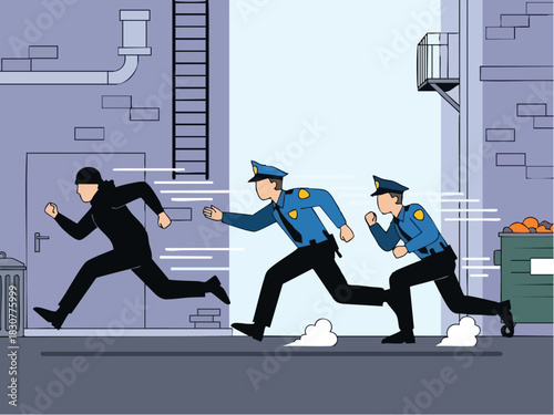Police Pursuit - Officers Chasing a Burglar in an Alleyway.