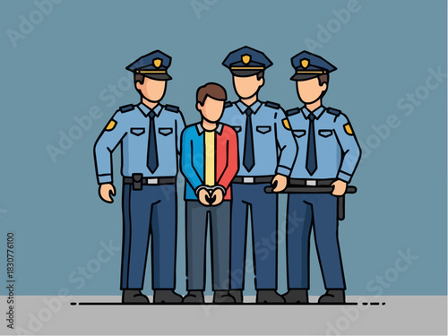 Arrested Man Surrounded by Police Officers Illustration.