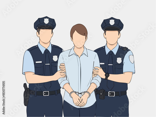 Arrested Suspect Escorted by Police Officers Illustration.