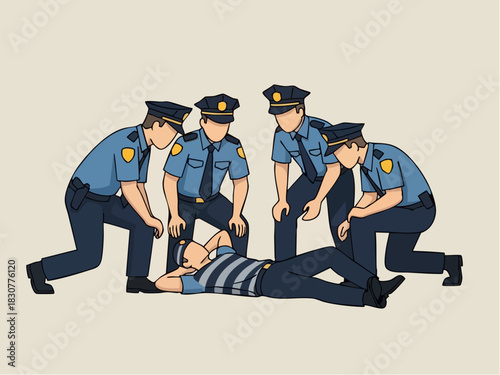 Police Restraining a Person on the Ground Illustration.
