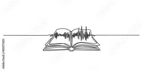 Single continuous line art drawing of an open book combined with an audio waveform, representing knowledge, storytelling, and sound waves. Vector, illustration