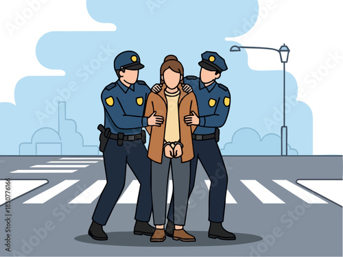 Woman Arrested by Police Officers on City Street.