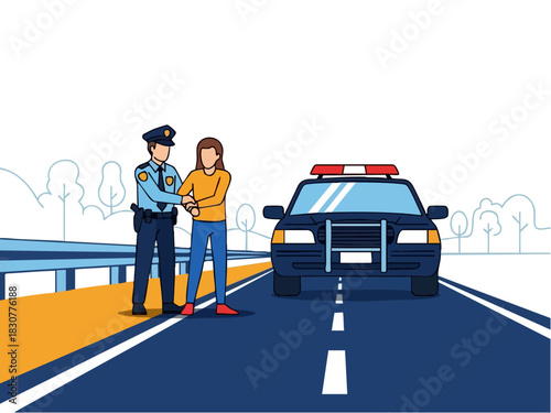 Police Officer Arresting a Woman on the Roadside.