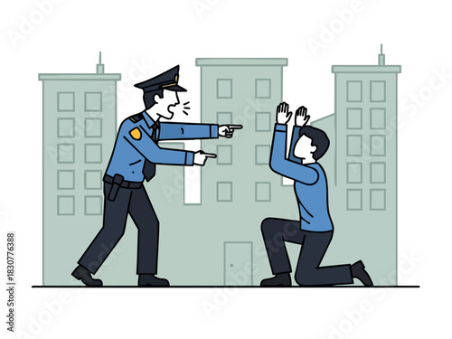 Police Officer Confronting Suspect with Raised Hands in City.