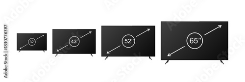 Set of TV screen size icons. Smart TV diagonals 32, 42, 52, 65 inches. Monitor and display symbols in flat vector style on a white background.