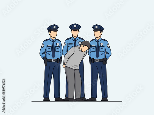 Arrested Man Surrounded by Police Officers in Uniform.