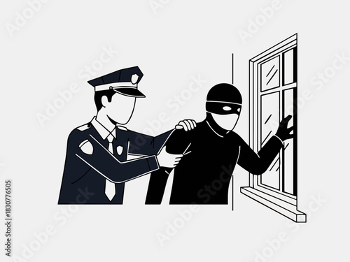 Police Officer Apprehending a Burglar at a Window.
