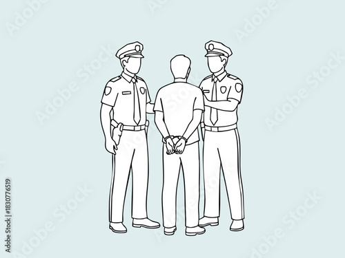Arrest Illustration - Two Police Officers with Handcuffed Suspect.