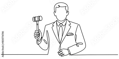 Continuous line drawing of a man in a suit holding a gavel, symbolizing justice, auction, and law decisions. minimalist legal concept art. Vector, illustration