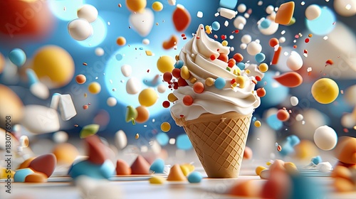 A delicious ice cream cone with white soft serve and colorful sprinkles, surrounded by floating shapes in a whimsical, festive scene.