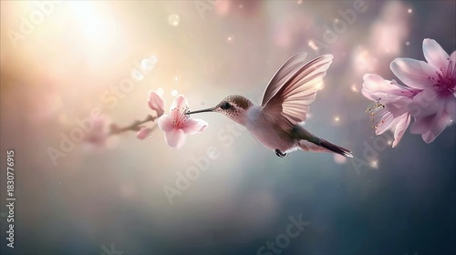 A hummingbird hovers near a pink flower, feeding, in a soft, dreamy environment with bokeh and warm lighting.