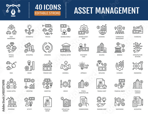Asset management icon set. Includes systematic, approach, human capital, physical objects, buildings, equipment, intangible and more. Vector illustration with editable strokes