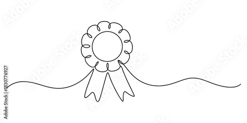 Continuous line art drawing of a rosette award ribbon. minimalist black ink sketch symbolizing achievement, victory, and premium quality. Vector, illustration