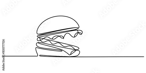 Continuous line art drawing of a delicious hamburger or cheeseburger with bun, patty, cheese, and fresh lettuce, fast food concept illustration Vector, illustration