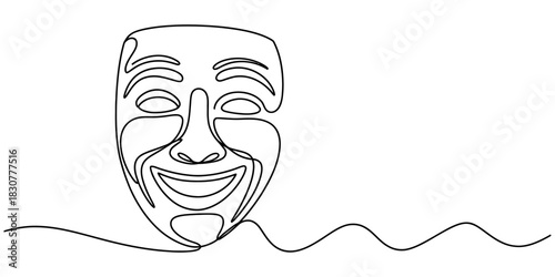 Continuous line art drawing of a smiling theatrical comedy mask with a happy expression, representing joy, drama, and performance Vector, illustration