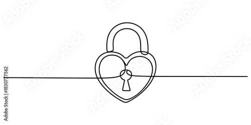 Continuous line drawing of a heart-shaped padlock with a keyhole, symbolizing love, security, connection, commitment, and protection. Vector, illustration