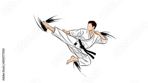Karate Athlete Performing Flying Kick Isolated Vector Illustration on White