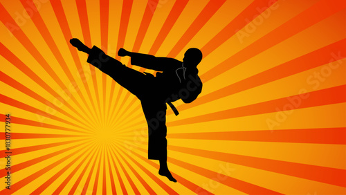 Karate Silhouette Against Retro Sunburst Martial Arts Champion Kicking