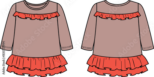 Children’s long sleeve dress sketch, ruffle detail, layered skirt, red accent, light brown fabric, twin outfit design, fashion illustration, vector apparel, kidswear concept