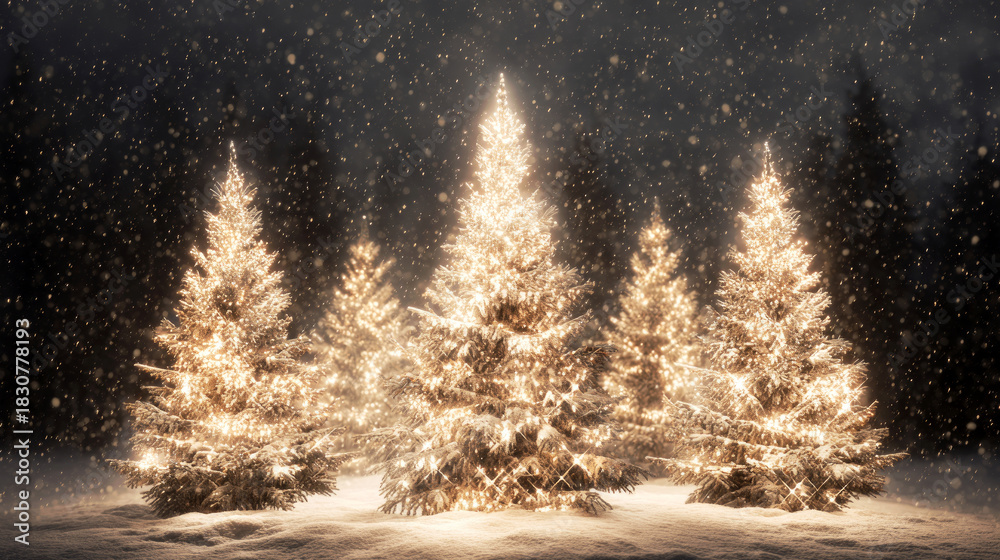 Fototapeta premium Christmas tree covered in snow and glowing with bright lights in a winter forest setting with falling snow. Holiday season concept for decoration.