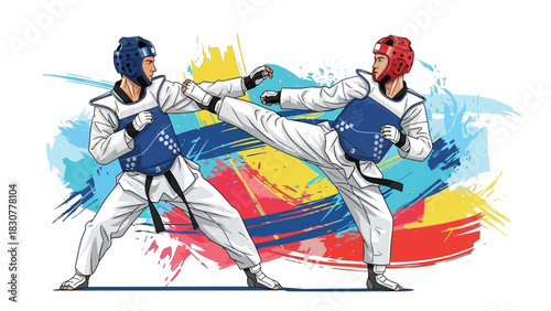 Taekwondo Sparring Martial Arts Battle Vector Illustration