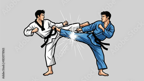 Two Martial Artists Sparring in a Taekwondo Match