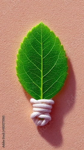 A green leaf shaped as a light bulb, with white rope wrapped around it, on a textured pink background. Concept of eco-friendly energy and sustainability.