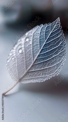 Close-up of a leaf with water droplets on its surface, showcasing intricate details and delicate textures. The soft lighting enhances the natural beauty and cre