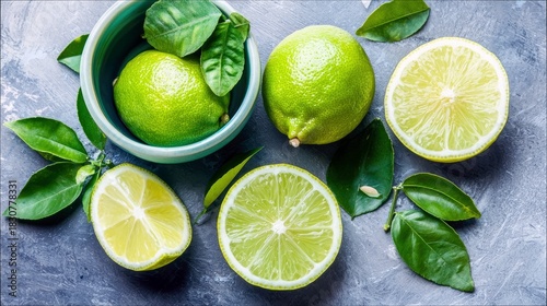 Overhead shot of fresh limes, some whole and some sliced, with green leaves, arranged in a bowl and on a textured gray surface.