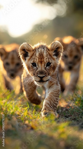 Three lion cubs run towards the camera through green grass, bathed in warm sunlight.
