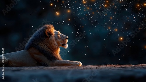 A majestic male lion reclines on the ground, gazing upwards at a starry night sky with glowing lights.