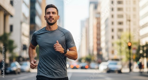 Man in activewear running on city street. Focused runner with modern buildings as background. Male in activewear, urban environment.