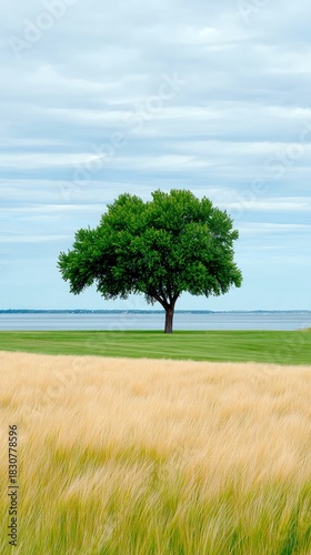 A single tree stands in a field of wheat and grass, with a lake and cloudy sky in the background. The scene is peaceful and serene.
