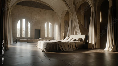 A luxurious bedroom featuring a large bed with draped linens, arched windows, and flowing curtains. The scene is illuminated by dramatic lighting, creating a se