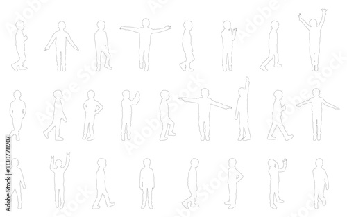 Black contours of  children in different poses, big set. Vector illustration