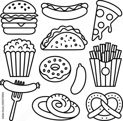 Outline doodle icons collection of popular fast food and snack