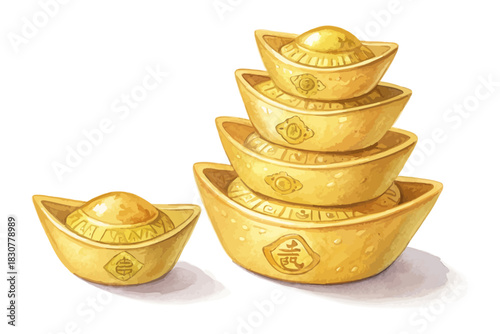 Chinese Gold Ingot Watercolor Vector Illustration, Traditional Prosperity Symbol Art Isolated on White Background