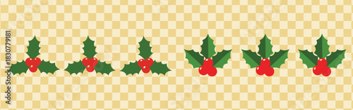Seamless christmas pattern featuring holly berries and leaves on a checkered background design element