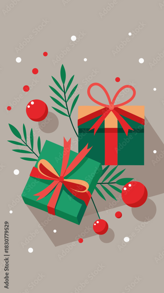 Obraz premium Festive holiday gifts with red bows and greenery on a neutral background
